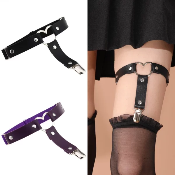 Jarretière Cuir Noir ou Violet Cœur Métallique & Clips Bas.