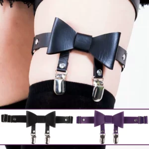 Jarretière Cuir Noir ou Violet Nœud Papillon & Clips Bas.