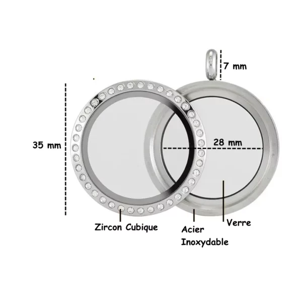 Médaillon Rond Serti de Zircons en Acier Inoxydable (dimensions) Médaillon Rond Serti de Zircons en Acier Inoxydable (dimensions).