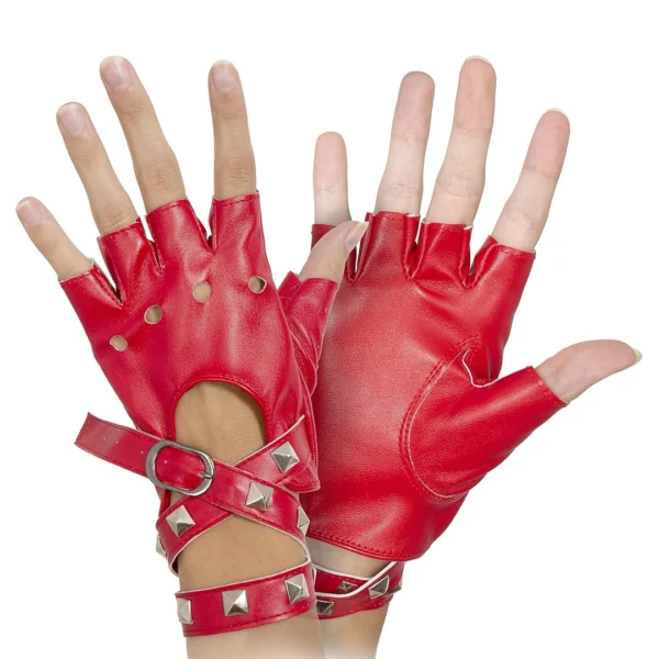 Mitaines Cuir Rouge Femme Style Punk Rock avec Sangle et Rivets Mitaines Cuir Rouge Femme Style Punk Rock avec Sangle et Rivets.