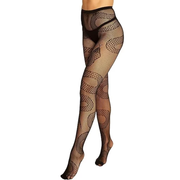 Modèle féminin portant des collants résille à motif serpents Modèle féminin portant des collants résille à motif serpents.