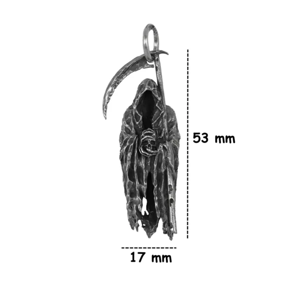 Pendentif La Faucheuse en Acier Inoxydable Aspect Vieilli (dimensions).