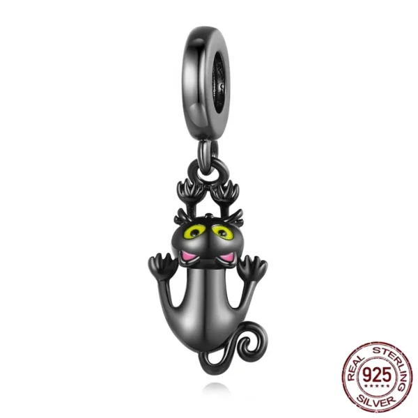 Pendentif ou Charm Chat Noir Suspendu en Argent 925.
