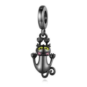 Pendentif ou Charm Chat Noir Suspendu en Argent 925.
