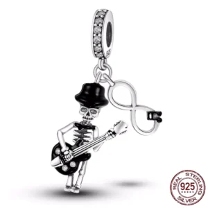 Pendentif ou Charm Squelette Guitariste en Argent 925.