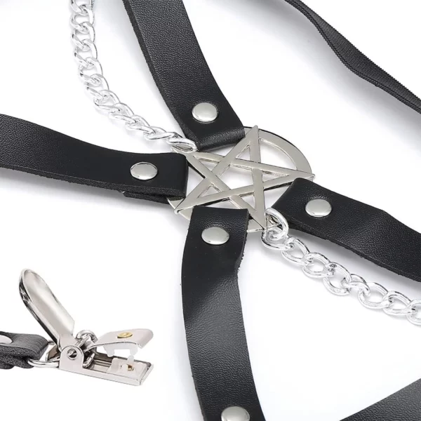 Porte-Jarretelles Gothique pour Cuisse avec Pentagramme Inversé & Double Clip pour Bas Porte-Jarretelles Gothique pour Cuisse avec Pentagramme Inversé & Double Clip pour Bas.