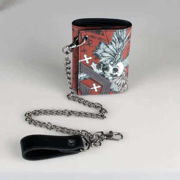 Portefeuille Biker Cuir Rouge Tête de Mort et Croix Gothique avec Chaîne Portefeuille Biker Cuir Rouge Tête de Mort et Croix Gothique avec Chaîne.