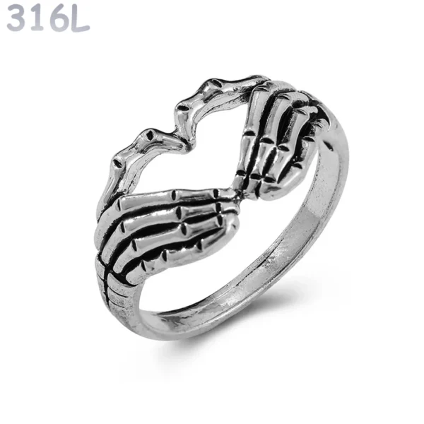 Bague Mains Squelettiques Cœur Acier 316L.