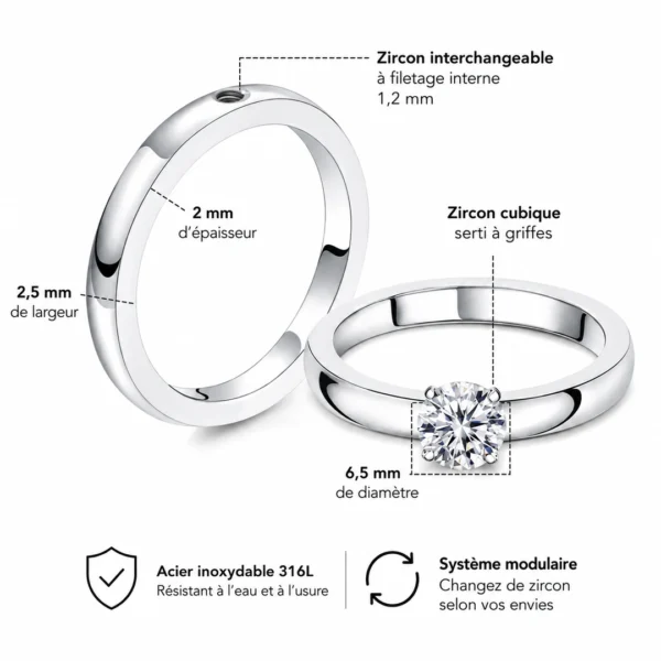 Bague Modulaire Acier 316L à Zirconium Interchangeable (dimensions) Bague Modulaire Acier 316L à Zirconium Interchangeable (dimensions).