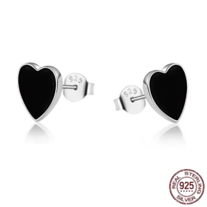 Boucles d’Oreilles Cœur Noir Gothique Argent 925.