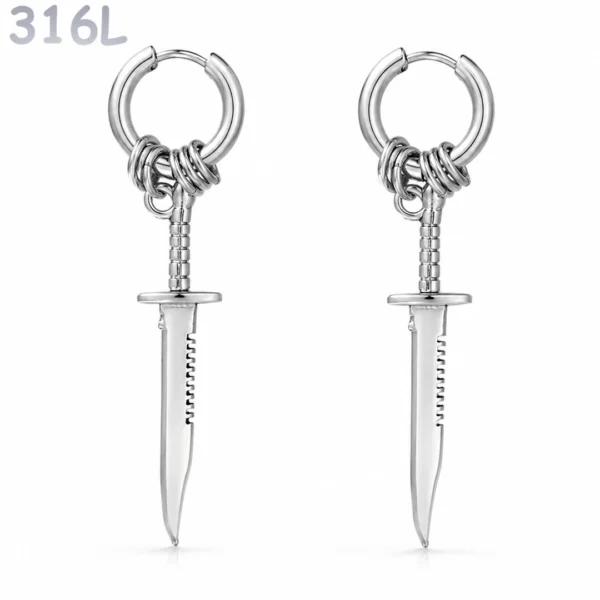 Boucles d’Oreilles Créoles Pendantes Dague en Acier 316L.