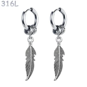 Boucles d’Oreilles Créoles Pendantes Plume en Acier 316L.