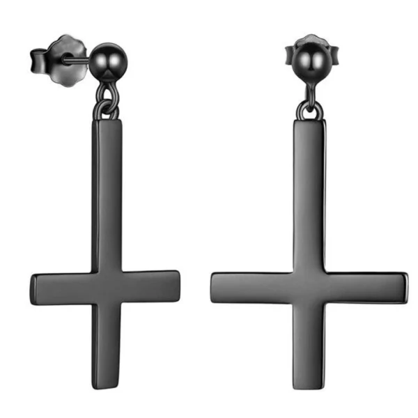 Boucles d’Oreilles Croix Inversée Acier Inoxydable 316L Noir PVD Boucles d’Oreilles Croix Inversée Acier Inoxydable 316L Noir PVD.