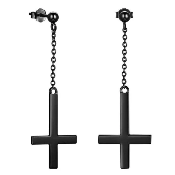 Boucles d’Oreilles Croix Inversée Chaîne Pendante Acier 316L Noir PVD Boucles d’Oreilles Croix Inversée Chaîne Pendante Acier 316L Noir PVD.