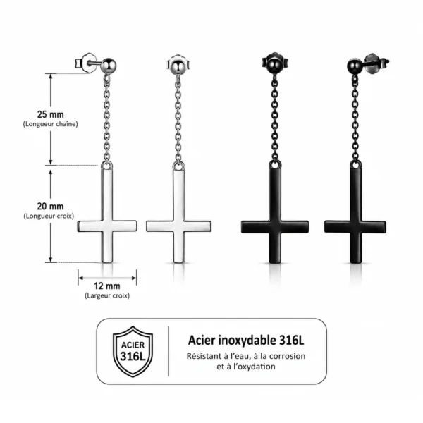 Boucles d’Oreilles Croix Inversée Chaîne Pendante en Acier 316L (dimensions) Boucles d’Oreilles Croix Inversée Chaîne Pendante en Acier 316L (dimensions).