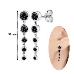 Boucles d'Oreilles Pendantes Zircons Noirs Dégradés 31 mm en Argent 925.