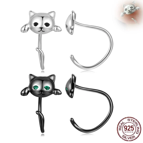 Boucles d’oreilles Chat Traversantes en Argent 925.