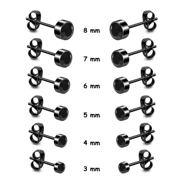 Boucles d'oreilles Zircon Serti Clos Acier 316L Noir PVD 3-8 mm Boucles d'oreilles Zircon Serti Clos Acier 316L Noir PVD 3-8 mm.