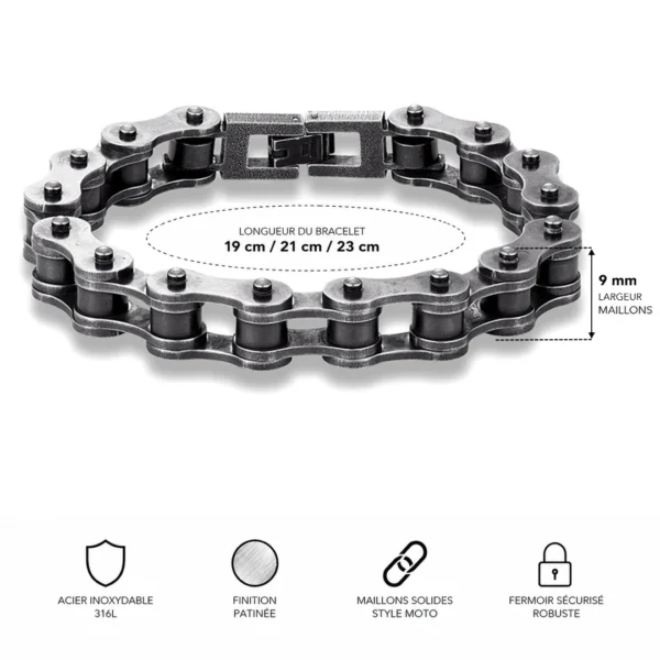Bracelet Chaîne Moto Homme Acier Inoxydable 316L Finition Patinée (dimensions) Bracelet Chaîne Moto Homme Acier Inoxydable 316L Finition Patinée (dimensions).