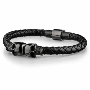 Bracelet Homme Cuir Tressé Tête de Mort Acier Noir.