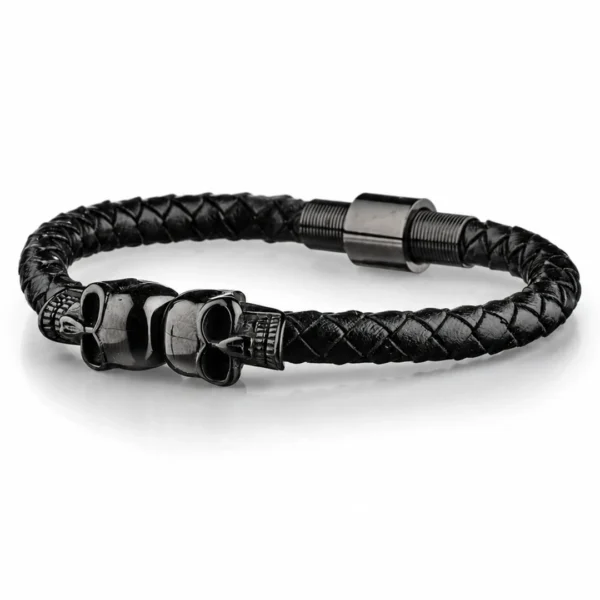 Bracelet Homme Cuir Tressé Tête de Mort Acier Noir.
