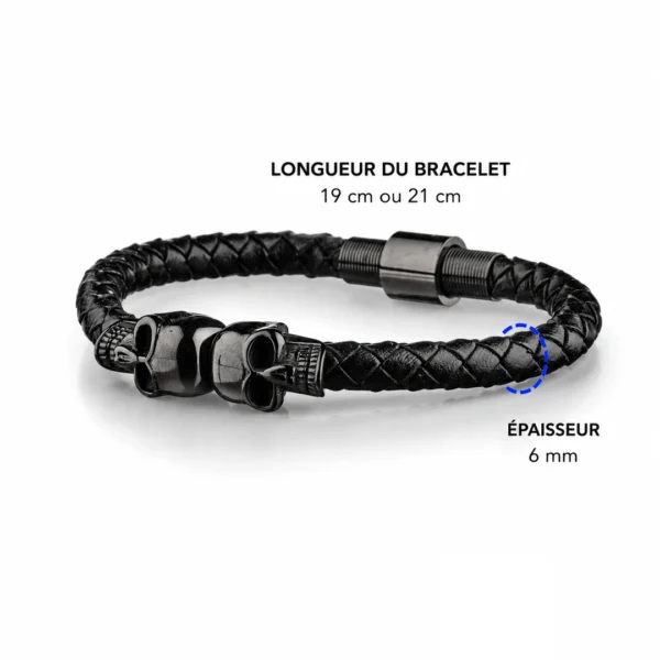Bracelet Homme Cuir Tressé Tête de Mort Acier Noir (dimensions) Bracelet Homme Cuir Tressé Tête de Mort Acier Noir (dimensions).