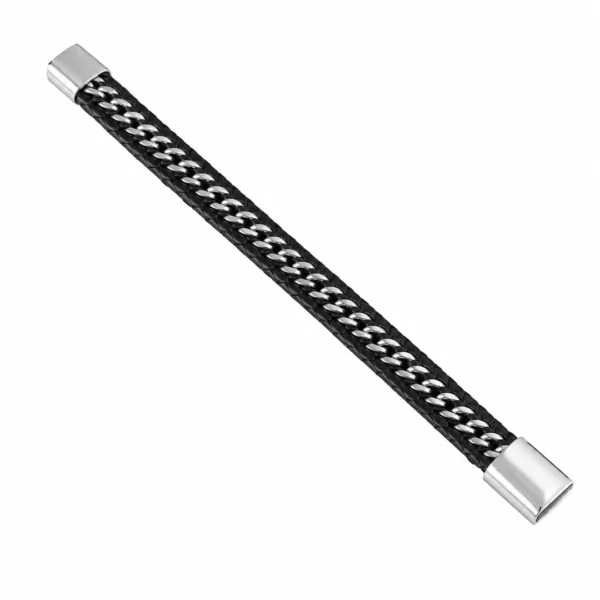 Bracelet Homme Cuir Tressé et Maille Gourmette Acier - 19 ou 21 cm Bracelet Homme Cuir Tressé et Maille Gourmette Acier - 19 ou 21 cm