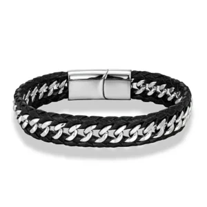 Bracelet Homme Cuir Tressé et Maille Gourmette Acier.