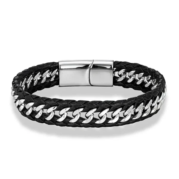 Bracelet Homme Cuir Tressé et Maille Gourmette Acier Bracelet Homme Cuir Tressé et Maille Gourmette Acier.