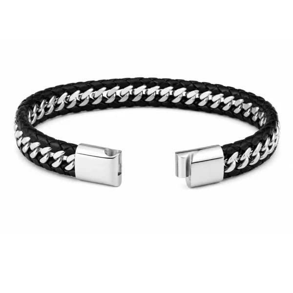 Bracelet Homme Cuir Tressé et Maille Gourmette Acier - Attache Coulissante Bracelet Homme Cuir Tressé et Maille Gourmette Acier - Attache Coulissante