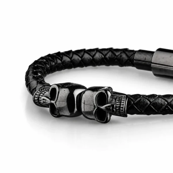 Bracelet Homme Cuir Véritable Tressé Tête de Mort Acier Noir Bracelet Homme Cuir Véritable Tressé Tête de Mort Acier Noir.