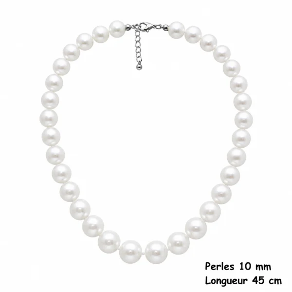 Collier Perles Blanches Nacrées 10 mm Acier Inoxydable 316L Collier Perles Blanches Nacrées 10 mm Acier Inoxydable 316L.