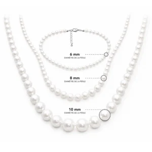 Collier Perles Blanches Nacrées 6 8 10 mm Acier 316L.