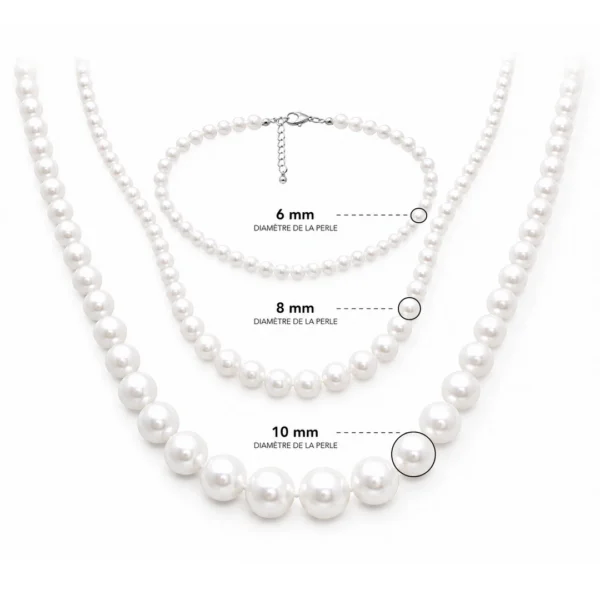 Collier Perles Blanches Nacrées 6 8 10 mm Acier 316L.