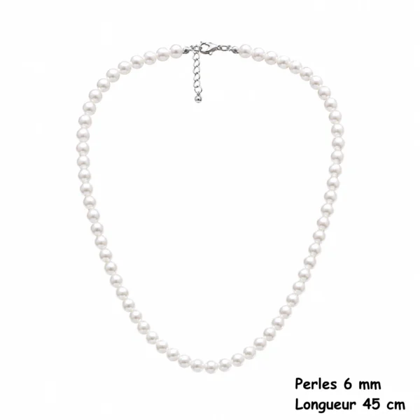 Collier Perles Blanches Nacrées 6 mm Acier Inoxydable 316L Collier Perles Blanches Nacrées 6 mm Acier Inoxydable 316L.
