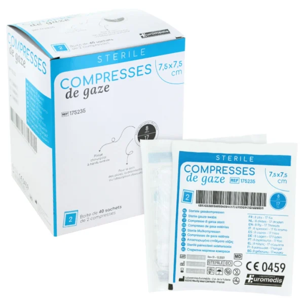 Compresses de Gaze Stériles Euromédis 7,5 × 7,5 cm.