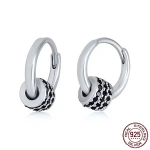 Créoles Argent 925 Cylindre Pavé Zircons Noirs.