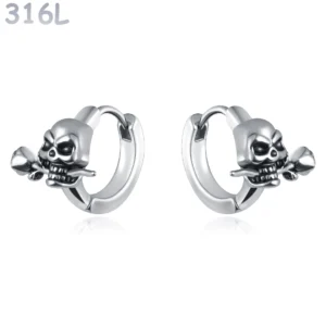 Créoles Gothiques Tête de Mort & Rose Acier 316L.