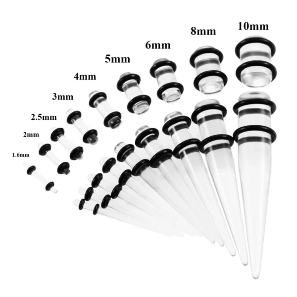 Kit Écarteur d'Oreille Acrylique Transparent 1,6 à 10 mm (tailles et dimensions) Kit Écarteur d'Oreille Acrylique Transparent 1,6 à 10 mm (tailles et dimensions).