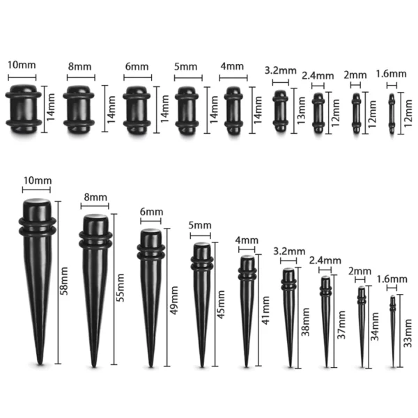 Kit Stretching Oreille 36 Pièces - Acrylique Noir (dimensions) Kit Stretching Oreille 36 Pièces - Acrylique Noir (dimensions).