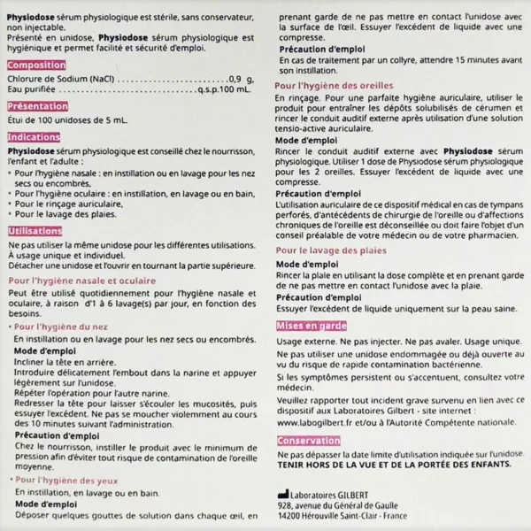 Physiodose Sérum Physiologique Stérile 100 Unidoses Mode d'Emploi Physiodose Sérum Physiologique Stérile 100 Unidoses Mode d'Emploi.