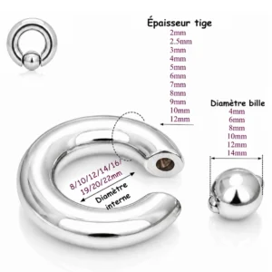 Piercing Anneau CBR Acier 316L Gros Diamètre (dimensions).