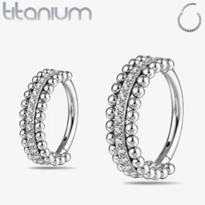 Piercing Clicker Double Rang Perlé Titane & Ligne Zirconiums.