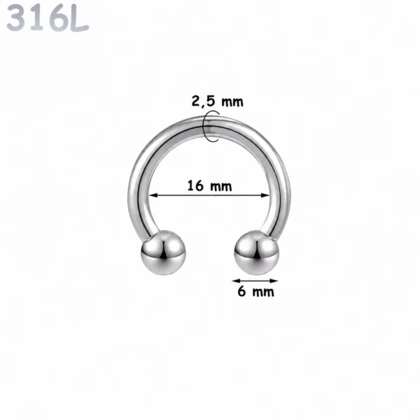 Piercing Fer à Cheval Acier 316L Gros Diamètre 2,5x16x6 mm Piercing Fer à Cheval Acier 316L Gros Diamètre 2,5x16x6 mm.
