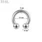 Piercing Fer à Cheval Acier 316L Gros Diamètre 4x16x8 mm.