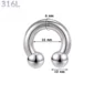 Piercing Fer à Cheval Acier 316L Gros Diamètre 6x16x10 mm.