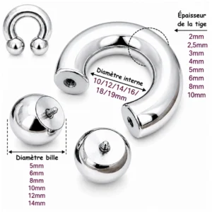 Piercing Fer à Cheval Acier 316L Gros Diamètre (dimensions).