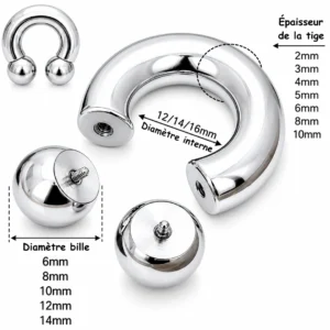 Piercing Fer à Cheval Acier 316L Gros Diamètre (dimensions).