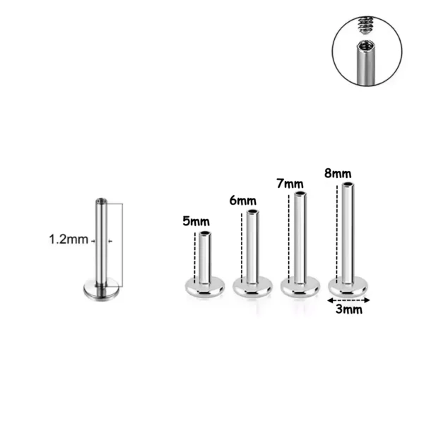 Piercing Labret de Remplacement en Titane - Filetage Interne (dimensions).