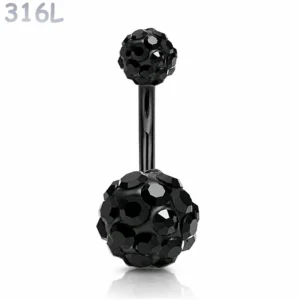 Piercing Nombril Banane Billes Pavées de Zirconiums Noirs.